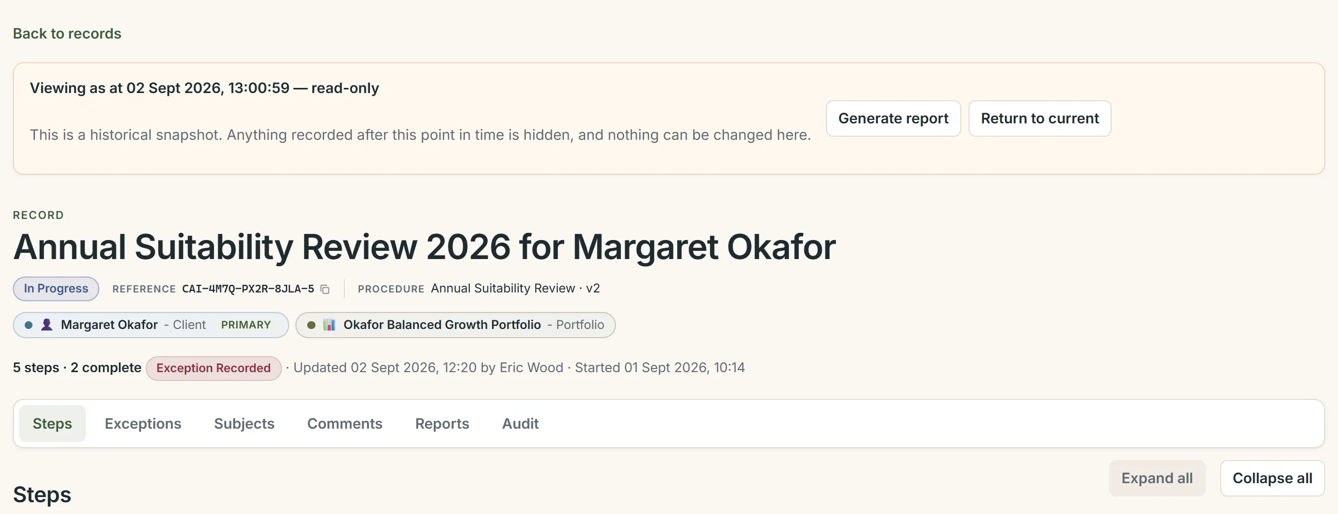 The same record viewed as at an earlier date, marked read-only, with a Generate report button.