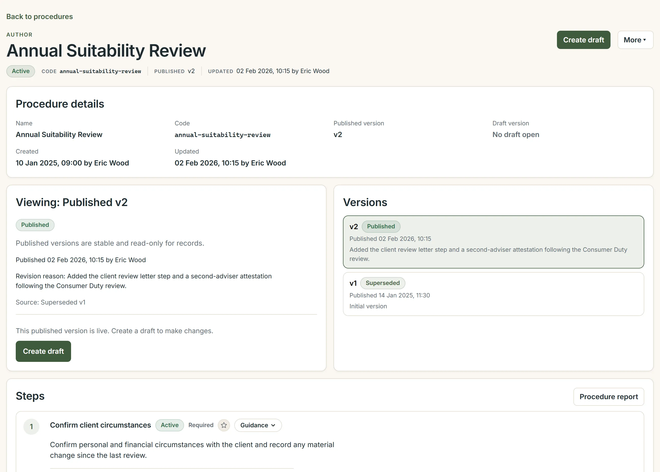 A published procedure, Annual Suitability Review, showing version 2 published and version 1 superseded, with its first step and guidance.