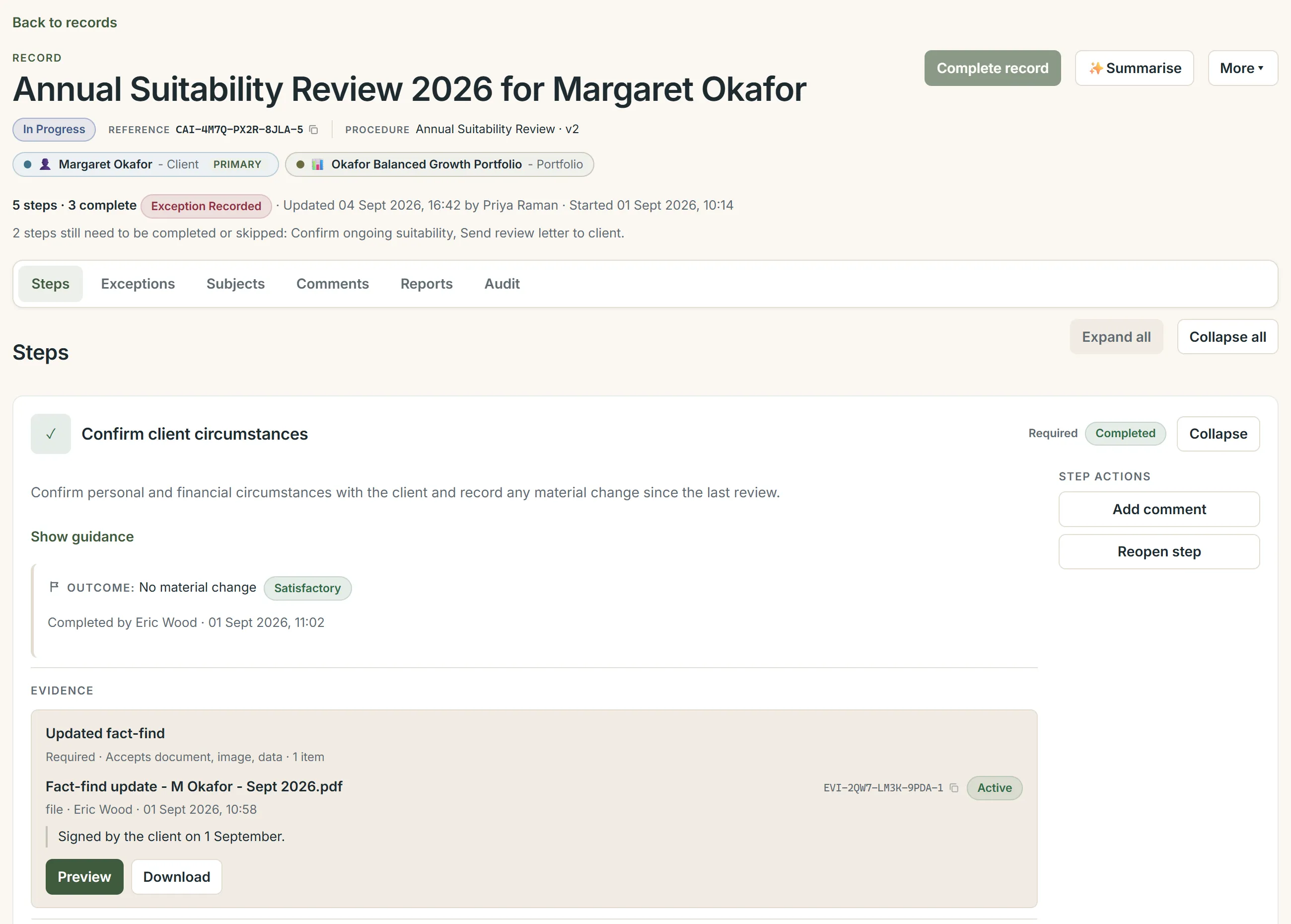 An in-progress record with a completed step, its outcome marked satisfactory, and a PDF of evidence attached to the step.