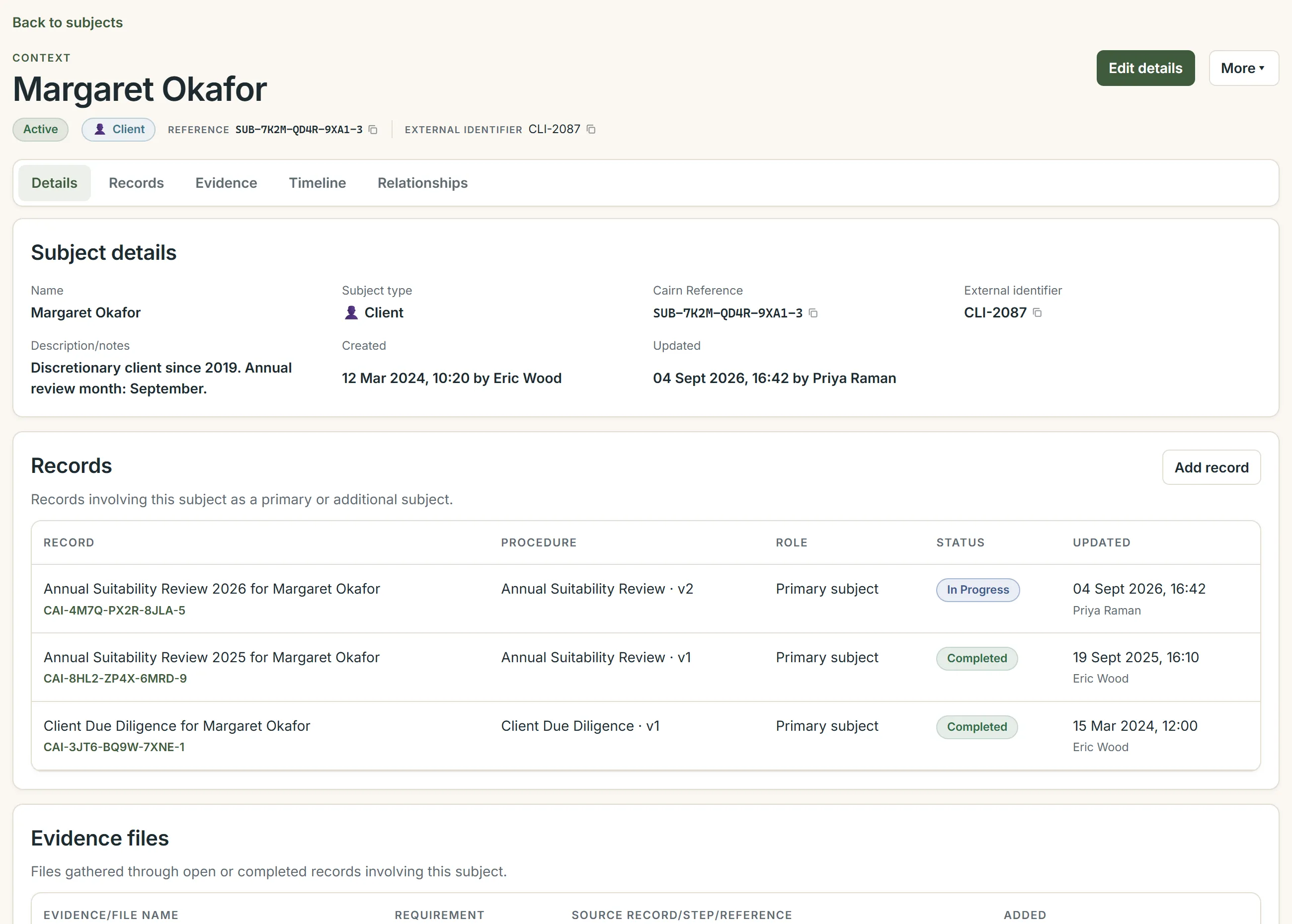 A client subject page listing three records across three years, with evidence files and relationships.
