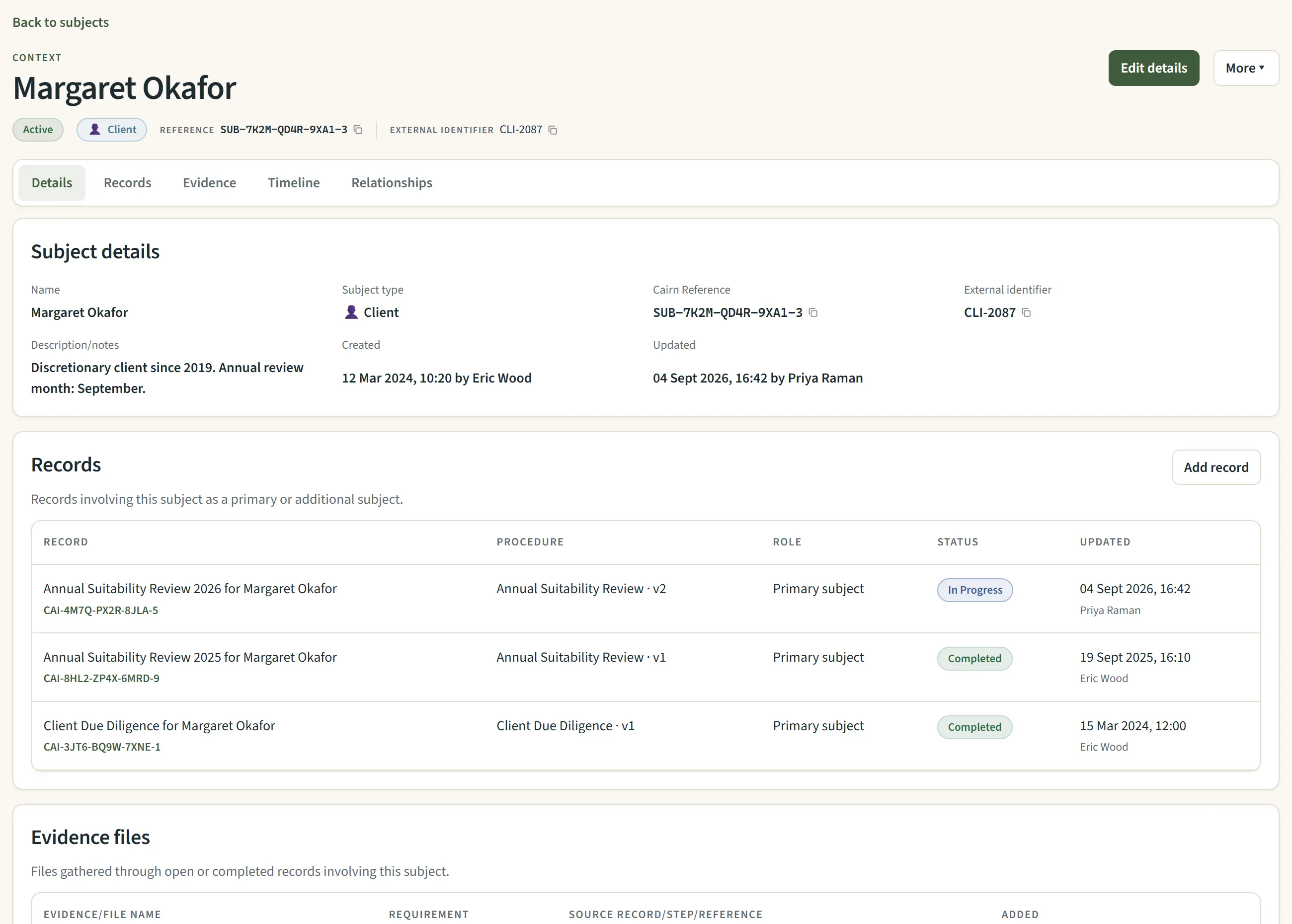 A client subject page listing three records across three years, with evidence files and relationships.