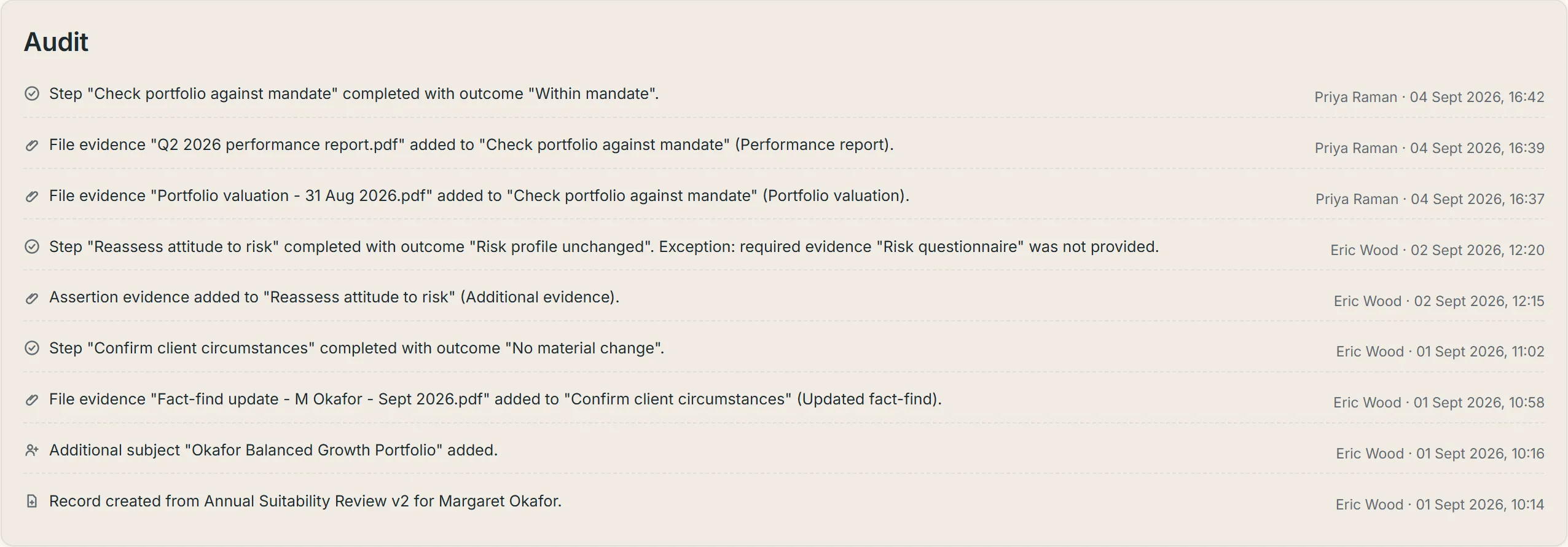 A record's audit panel listing each step completion, evidence addition and subject change with the person and time.