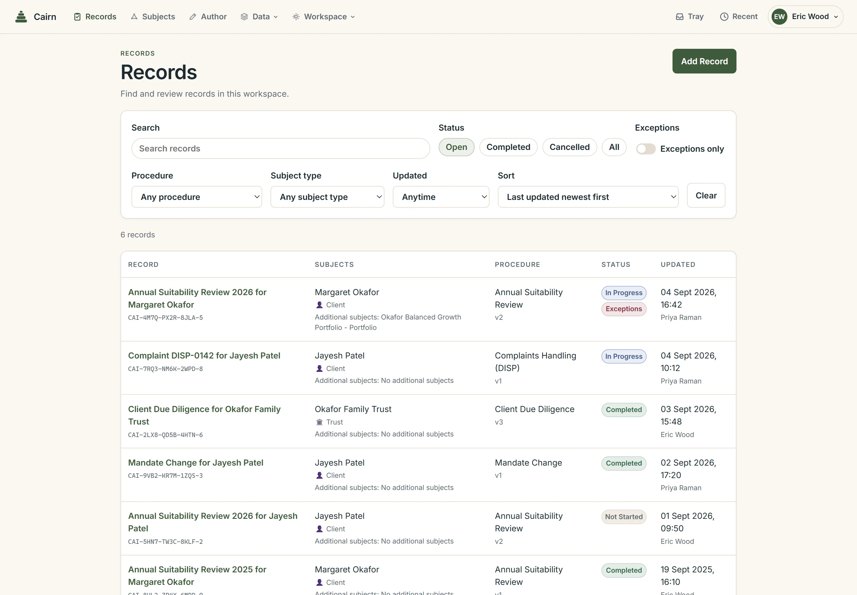 The records list filtered by status, procedure and subject type, with an exceptions-only toggle.
