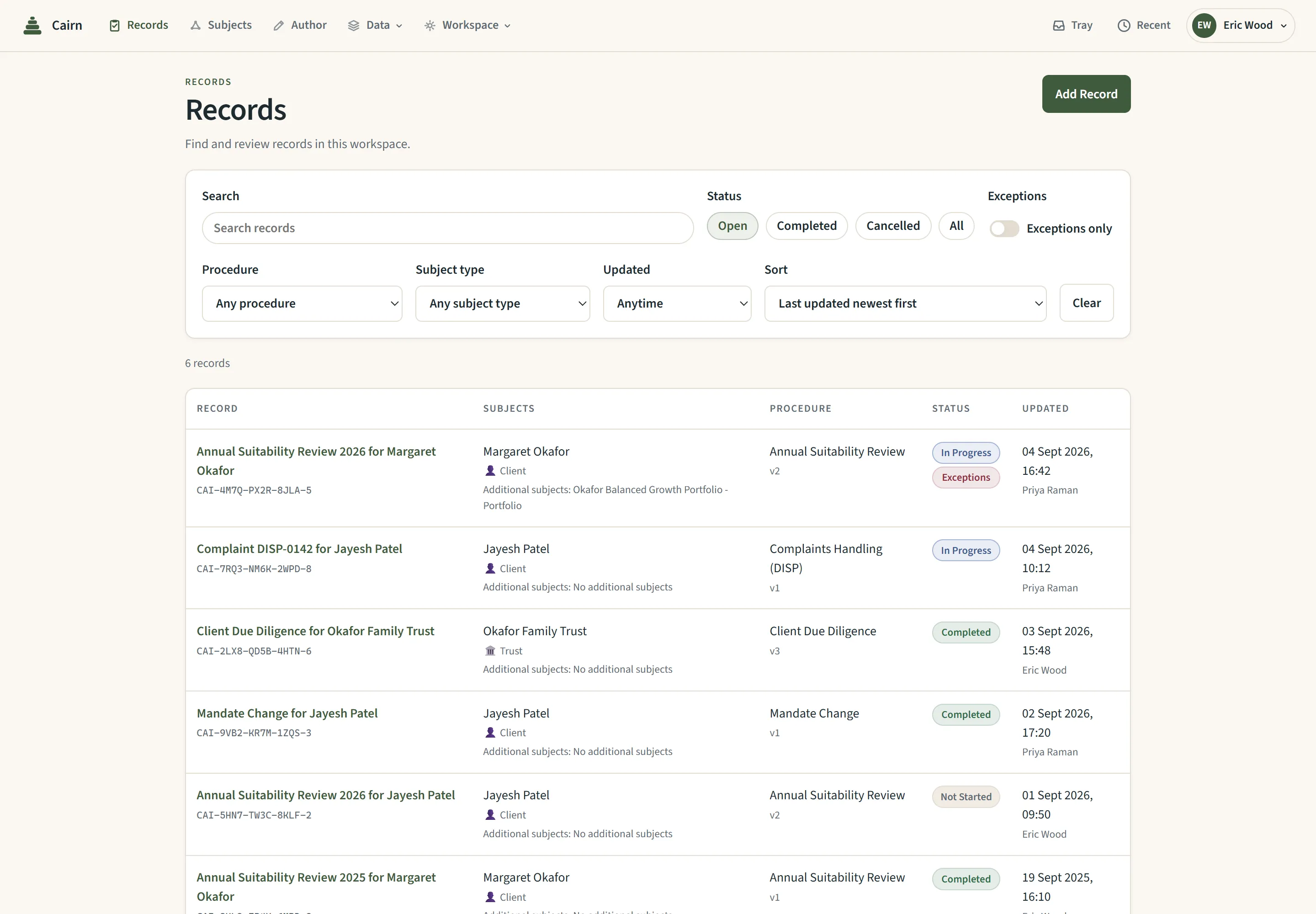 The records list filtered by status, procedure and subject type, with an exceptions-only toggle.