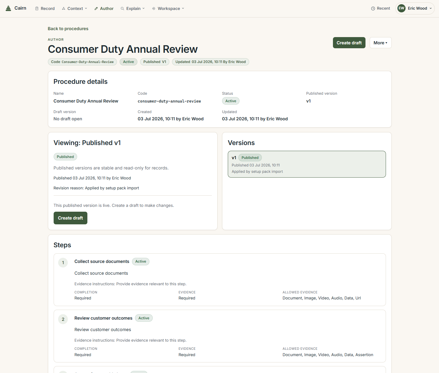Cairn procedure detail page showing a published procedure version and its steps.