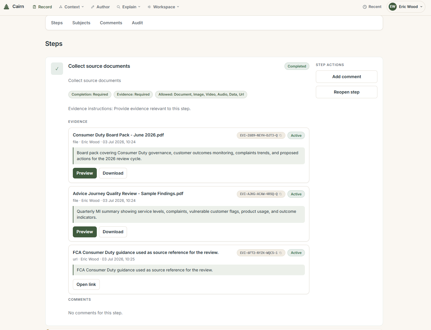 Cairn record detail page showing procedure steps, evidence cards, comments, and step actions.